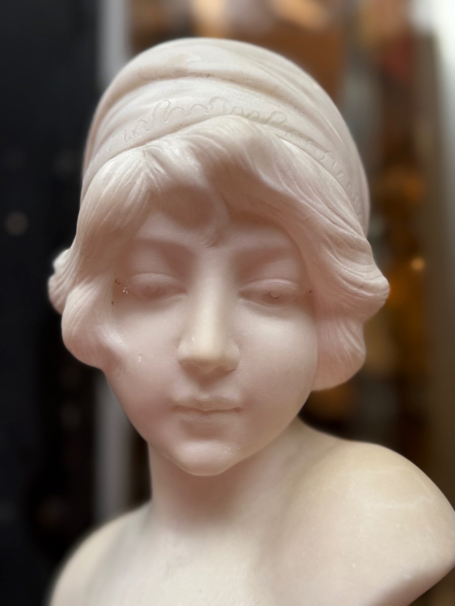 Art Nouveau White Marble Bust Of A Young Girl 1900-photo-3