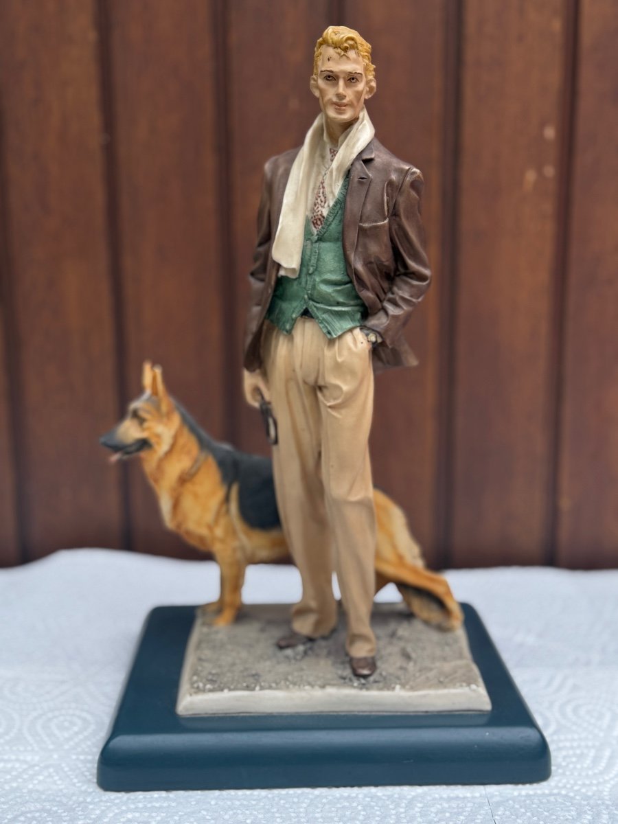 Sculpture Elegant Man With Dog Signed Vittorio Tessaro 80s