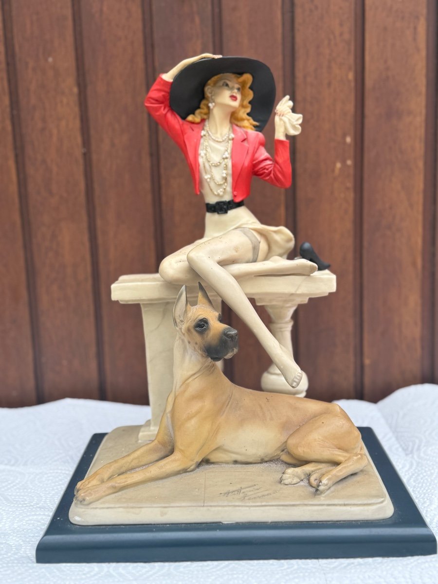 Sculpture Woman With Dog Signed Vittorio Tessaro 80s 