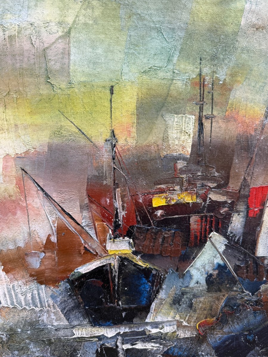 Painting Signed Paolo Polimeno Oil On Canvas Painted With Knife Port Scene With Ships-photo-4