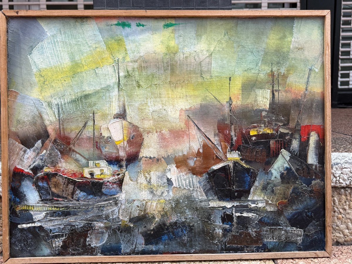 Painting Signed Paolo Polimeno Oil On Canvas Painted With Knife Port Scene With Ships