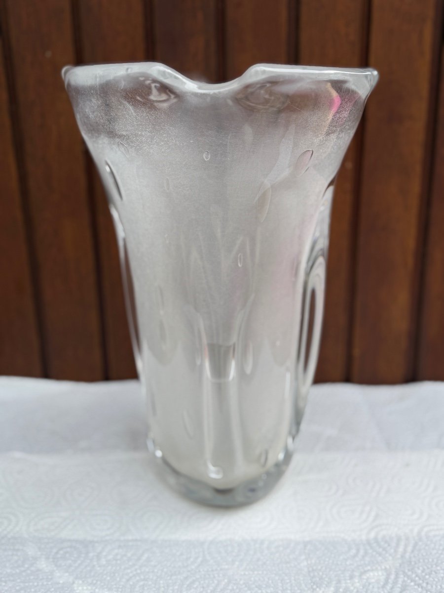 Grand Vase En Verre Signé "Schneider France"  Transparent à Décor De Bulles, Le Col "Déchiré"-photo-2