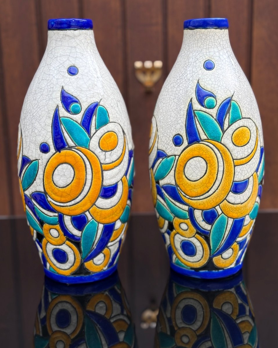 Paire Vases Boch Keramis D-1175 Cubiste Art Déco 1930