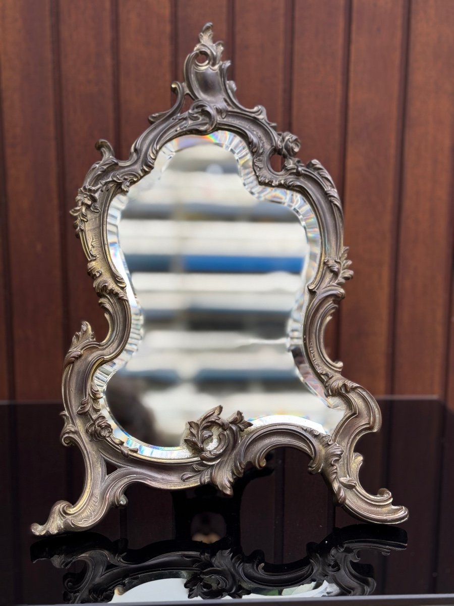 Beveled Table Mirror In Silvered Bronze, 19th Century Signed Pavot-photo-2