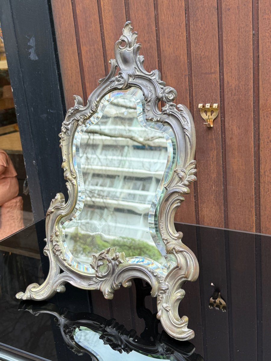 Beveled Table Mirror In Silvered Bronze, 19th Century Signed Pavot-photo-3