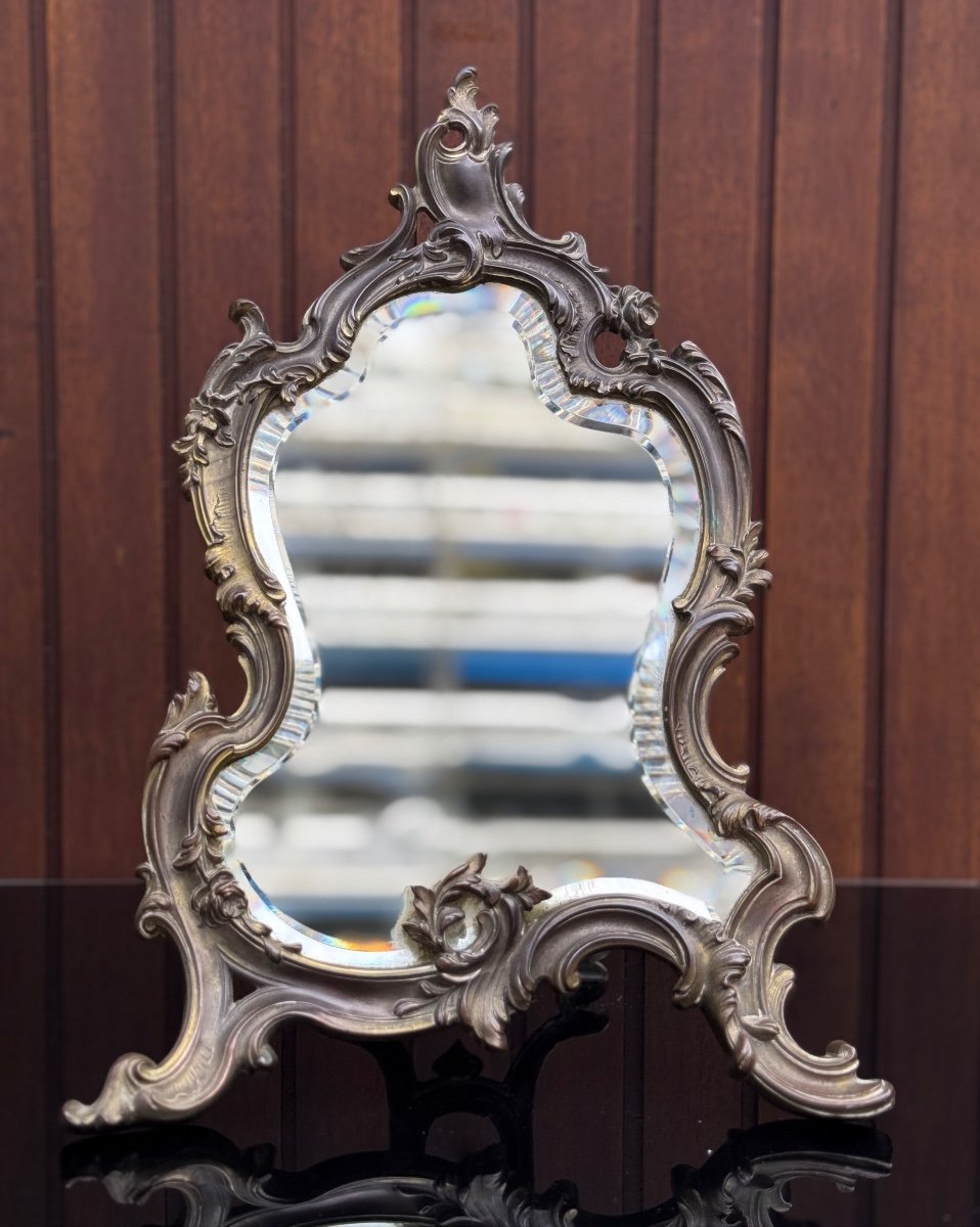 Beveled Table Mirror In Silvered Bronze, 19th Century Signed Pavot