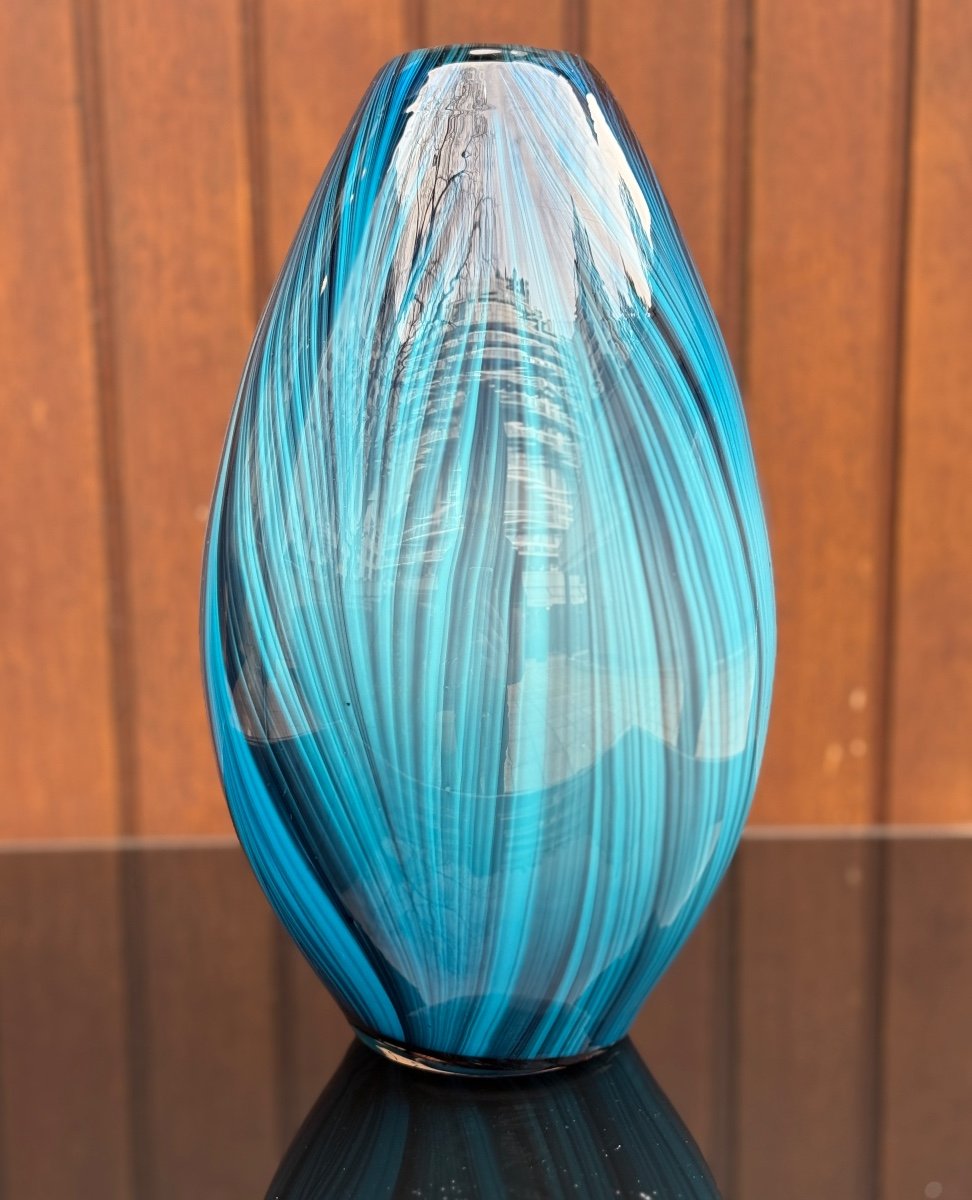 Peacock Feather Pattern Vase Blue Multicolor 1980