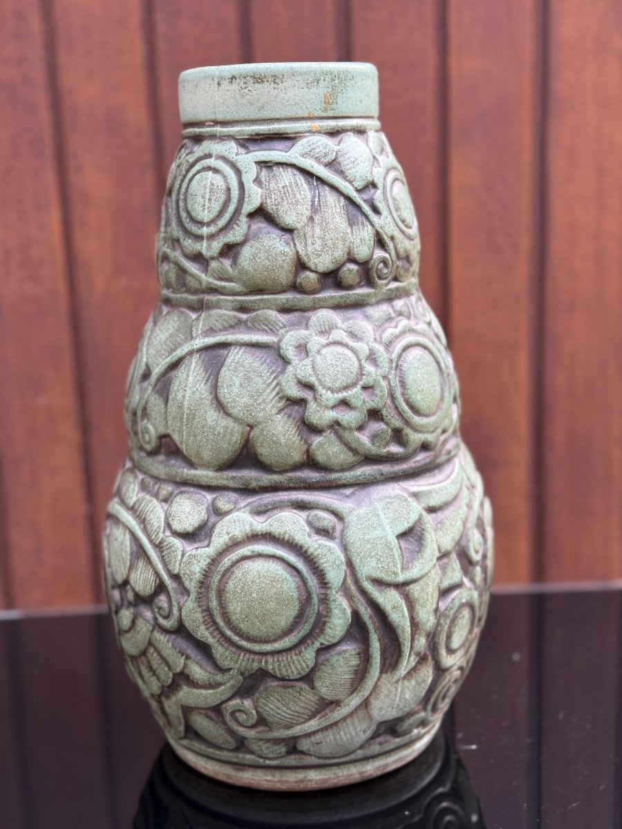 Large Art Deco Stoneware Vase "flower Band" Signed Mougin Nancy And Ventrillon (vase 1930)-photo-2