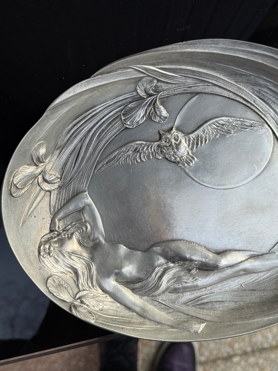 Plat / Assiette En étain Signé Achille Gamba Femme Nue Et Chouette Art Nouveau 1900 -photo-2