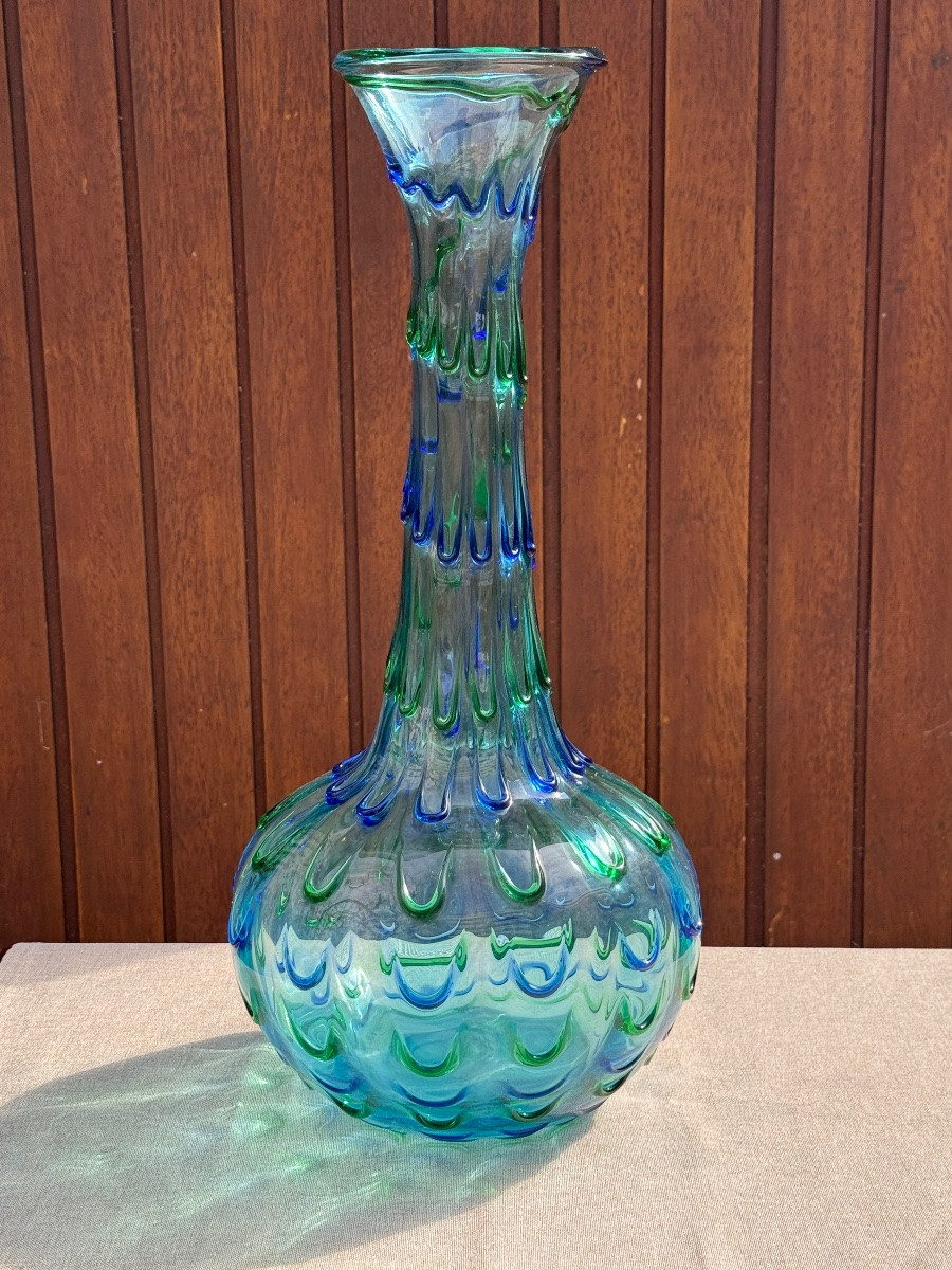 Large Vintage Murano Blue Green Teardrop Vase Raised Design 1960-photo-2