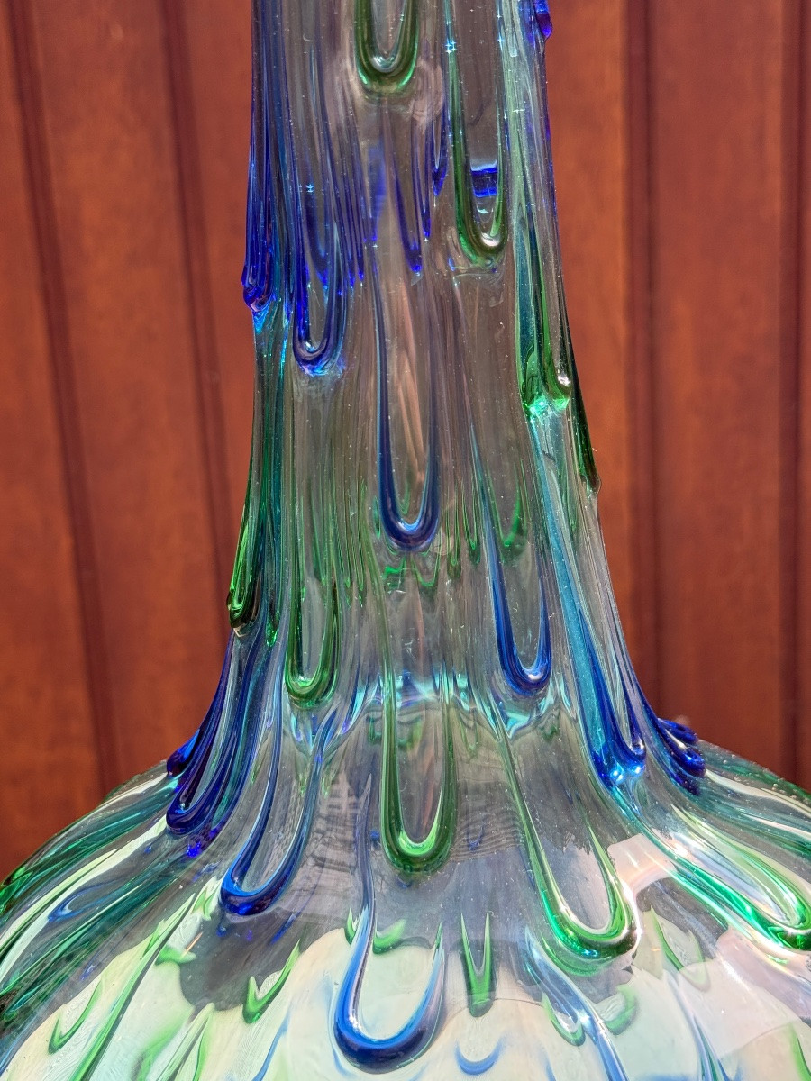 Grand Vase Bleu Vert Vintage Murano Goutte d'Eau Design Surélevé 1960-photo-3