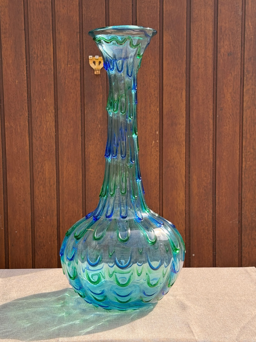 Grand Vase Bleu Vert Vintage Murano Goutte d'Eau Design Surélevé 1960