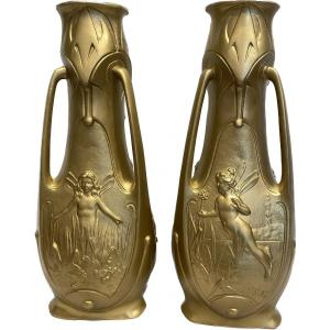 Golden Regular Vases, Signed Jean Garnier