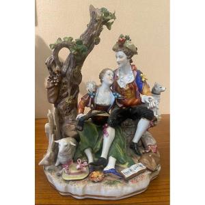 German Polychrome And Gilded Porcelain Sculpture Of A Couple Of Musicians 