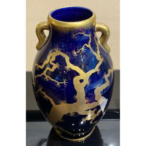 Large Ceramic Vase Signed Gustave Asch, 1900 Art Nouveau, Japanese: 33cm