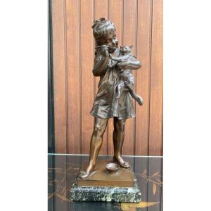 Très Grande Sculpture En Bronze Magnifique Patine Brune Art D&eacute;co 1930 Fille Au Chat Sign&eacute;e BOURET