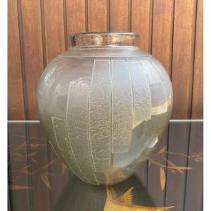 Grand Vase Boule Art Déco 1930 Couleur Topaze Gravé à l'Acide Signé Schneider
