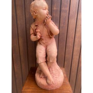 Grande Sculpture d'Enfant En Terre Cuite de Charles Martial Baury 1868