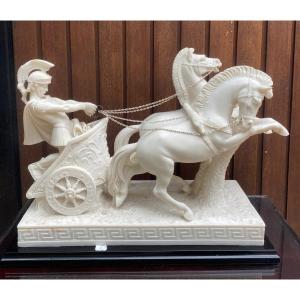 Gladiator Chariot Sculpture In Marble Powders After Amilcare Santini (1910-1975)