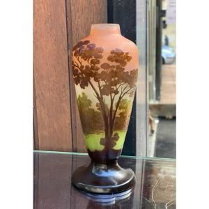 Magnificent Vase Signed Gallé Lake Landscape Engraved In Cameo Art Nouveau 1900