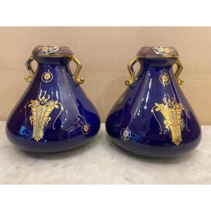 Pair Of Vases From Tours Signed Pinon-heuzé Blue And Gold 1920-1930