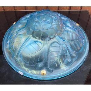 Electrified Satin Molded Pressed Blue Glass Ceiling Light With Flower And Leaf Motifs