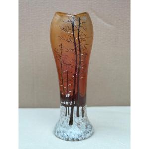 Long Enameled Glass Vase From Legras Of A Snowy Undergrowth 1900 Art Nouveau