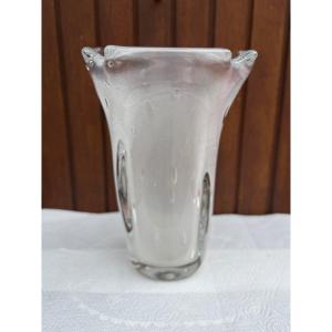 Large Clear Glass Vase With Bubble Decor, "torn" Neck, Signed "schneider France" 