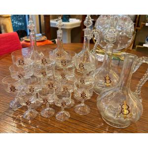 22 Pièces  Signé Emille Gallé Nancy En Cristal 1890 6 carafes  16 verres RARE