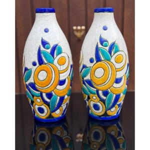 Pair Of Boch Keramis D-1175 Cubist Art Deco Vases 1930