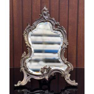 Beveled Table Mirror In Silvered Bronze, 19th Century Signed Pavot