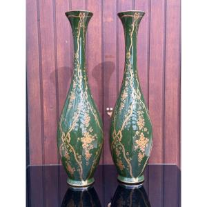 Pair Of 56cm High Ibis Vert Louis XVI Style Vases From Tours 1900