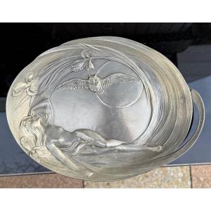 Pewter Plate / Dish Signed Achille Gamba Nude Woman And Owl Art Nouveau 1900 