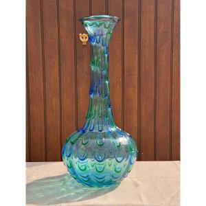 Large Vintage Murano Blue Green Teardrop Vase Raised Design 1960