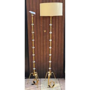 Paire Lampadaire Français Laiton Massif attribue a Maison Baguès 1950