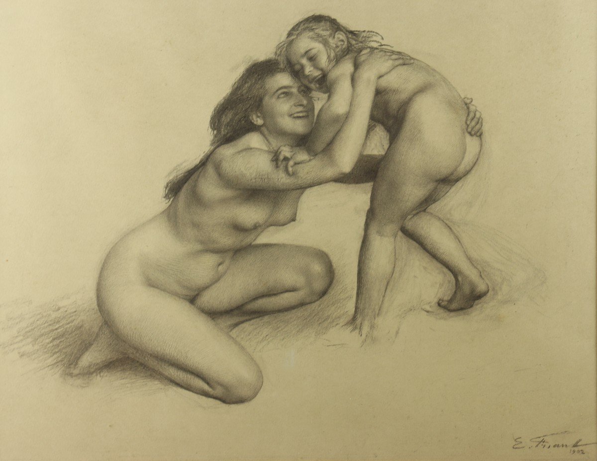 Mère Et Sa fille, Dessin Par Emile Friant-photo-3