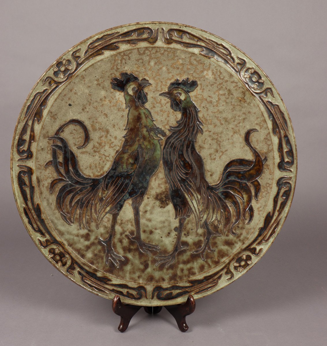 Large Rooster Dish By Pierre-adrien Dalpayrat-photo-2