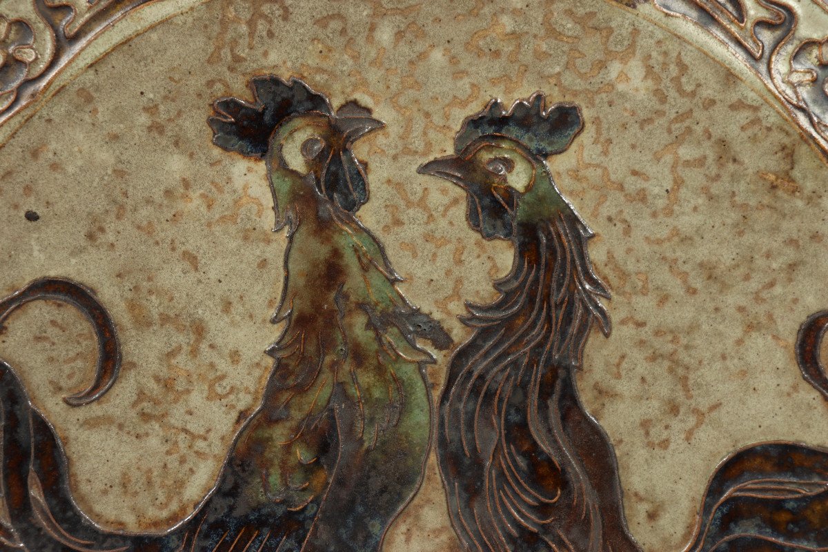 Large Rooster Dish By Pierre-adrien Dalpayrat-photo-3