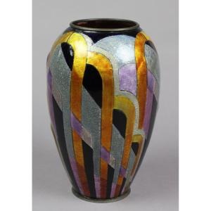 Enameled Copper Vase With Geometric Dcoration By Camille Faure