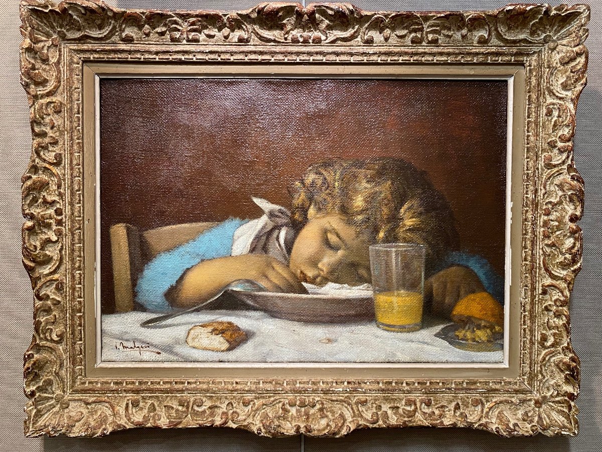 L’enfant Assoupi Devant Son Petit Déjeuner, Huile Sur Toile Signée Malgari, Circa 1940