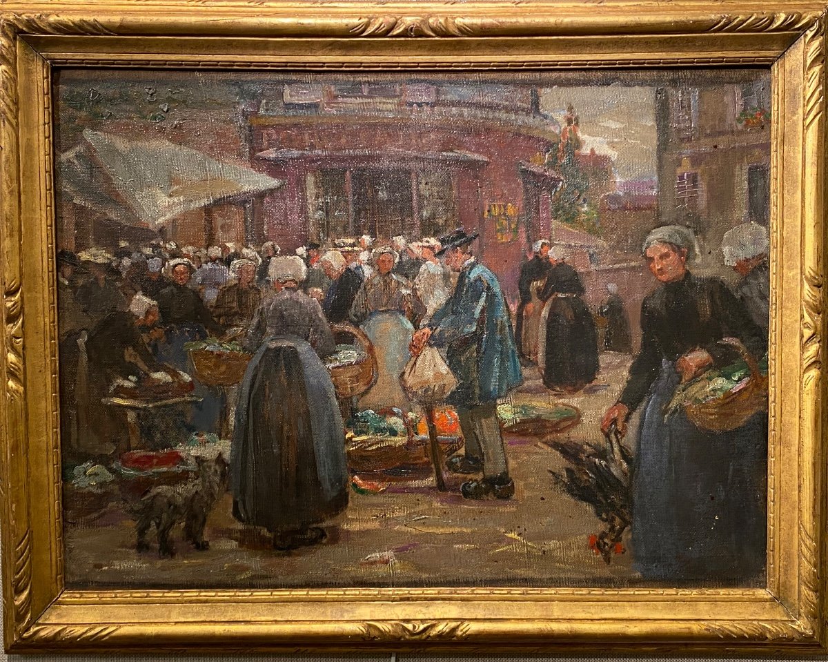 Scène De Marché En Bretagne, Signée Suzanne Minier ( Née à Paris En 1884 )-photo-2