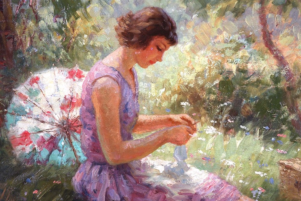 Impressionist Painting By André Galzenati 1890/1970, Young Woman In Summer-photo-3