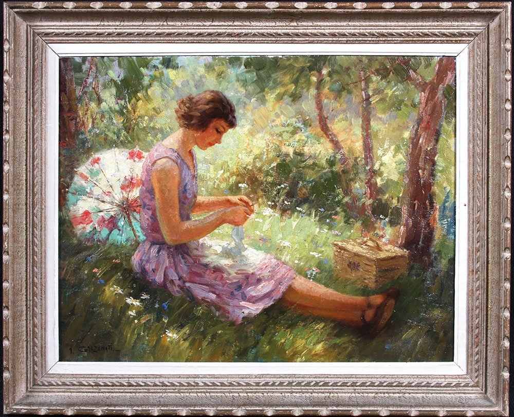 Impressionist Painting By André Galzenati 1890/1970, Young Woman In Summer