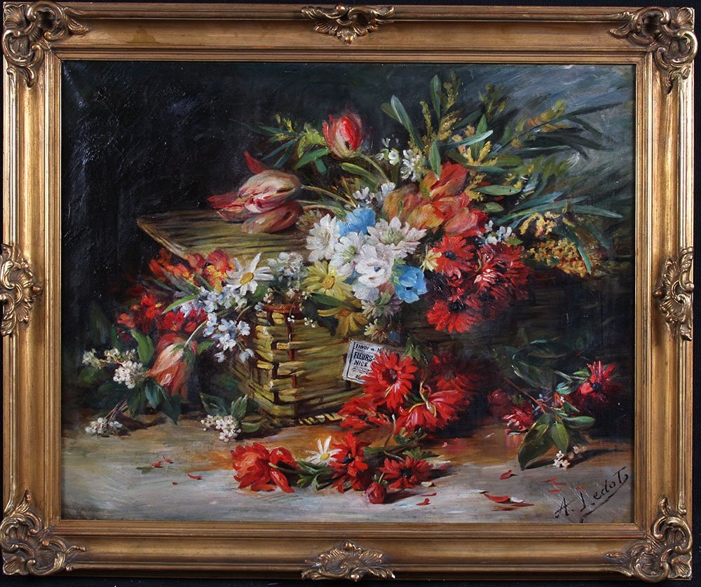 Jeté de fleurs du XIX ème, 95 cm, Tableau de A. Ledot, Ecole Francaise-photo-2