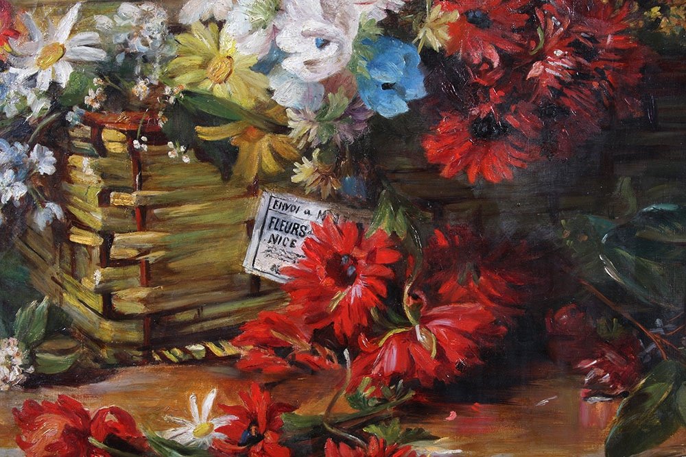 Jeté de fleurs du XIX ème, 95 cm, Tableau de A. Ledot, Ecole Francaise-photo-3