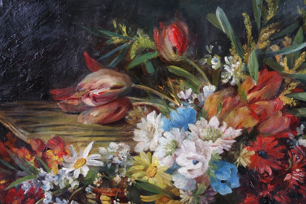 Jeté de fleurs du XIX ème, 95 cm, Tableau de A. Ledot, Ecole Francaise-photo-4