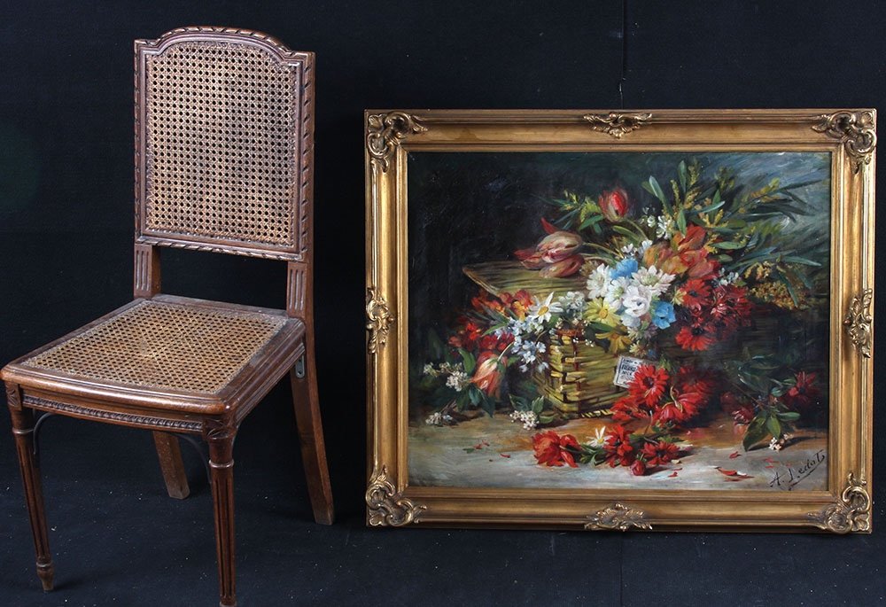 Jeté de fleurs du XIX ème, 95 cm, Tableau de A. Ledot, Ecole Francaise