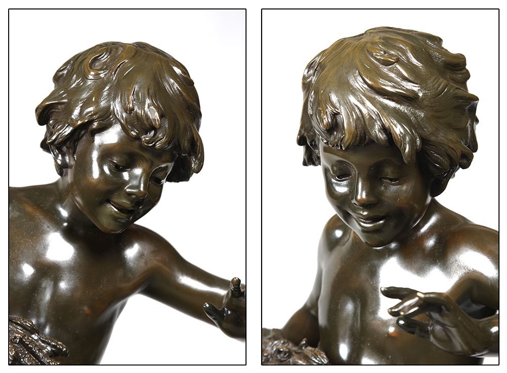 Bronze XIX ème, 58 cm, Auguste Moreau 1834/1917, enfant jouant avec un coq-photo-2