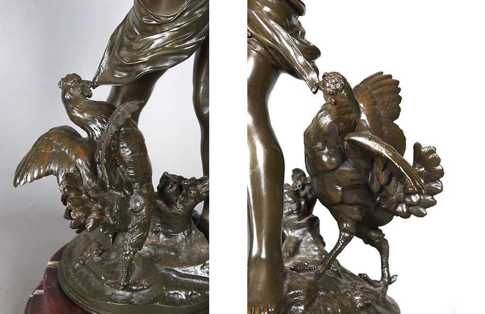 Bronze XIX ème, 58 cm, Auguste Moreau 1834/1917, enfant jouant avec un coq-photo-3