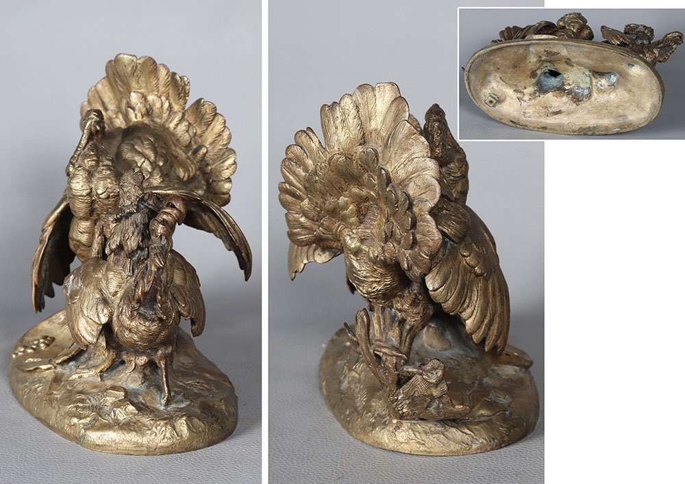 Bronze XIX ème, à patine dorée, le Dindon et le Coq-photo-1